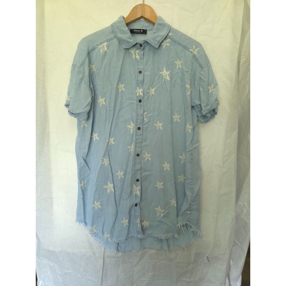Blue B Collection Distressed Denim Star Print Button-Up Shirt - Size L